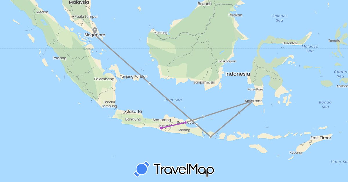 TravelMap itinerary: plane, train, hiking in Indonesia, Singapore (Asia)